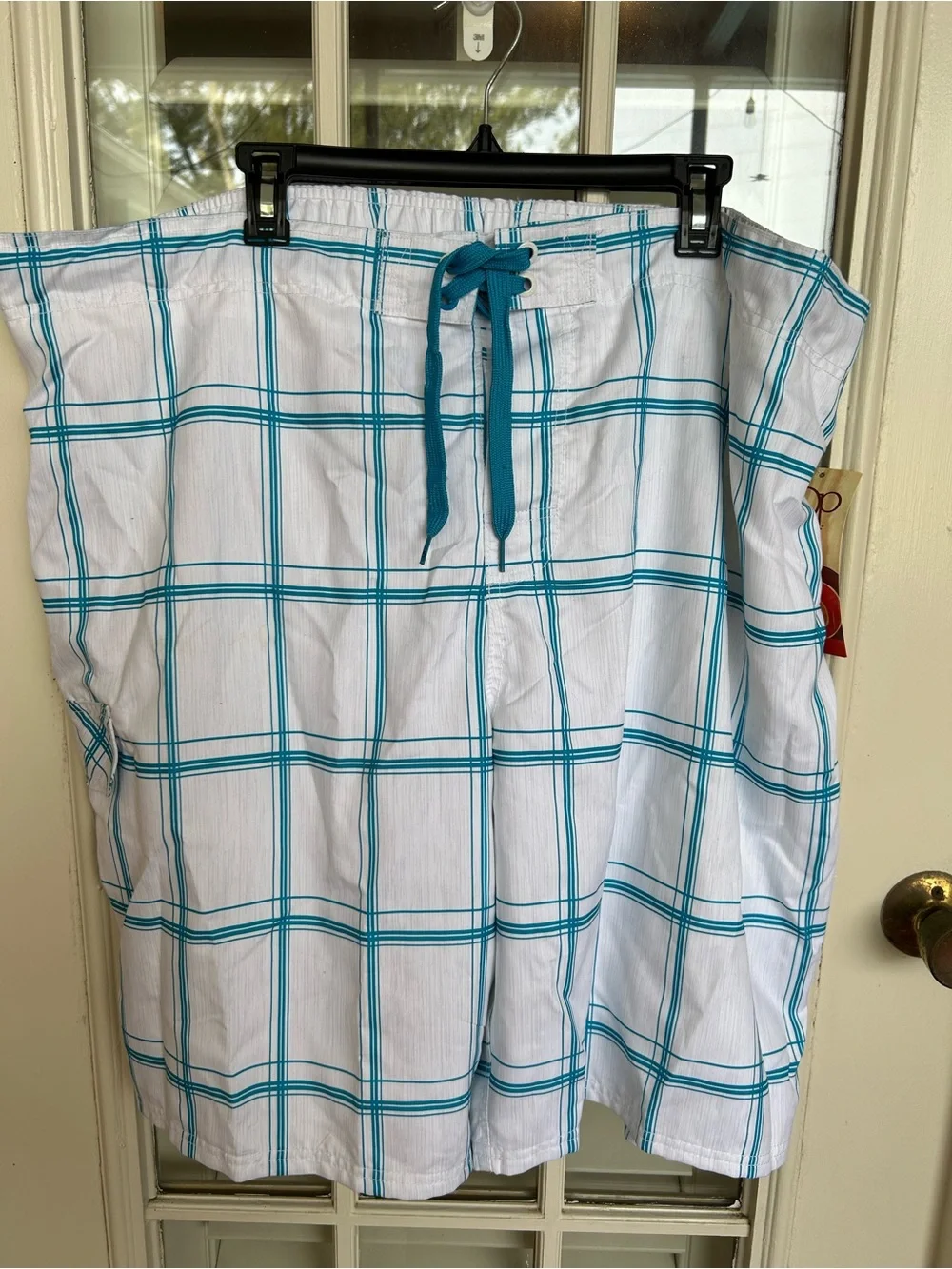 OP White Plaid Athletic Shorts with Teal Drawstring